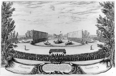 Dritter Tag: Theater in der Mitte des Großen Teichs, Darstellung der Insel Alcine... Gravur von 1676.