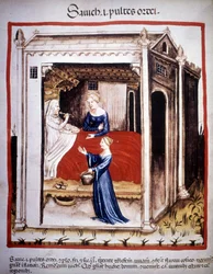 Abhandlung über Medizin „Tacuinum sanitatis“ 14. Jahrhundert: ein Patient, der von Krankenschwestern betreut wird. B.N, Wien.