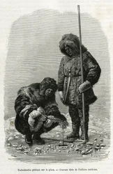 Tschuktschen fischen auf Eis in der Koljutschin-Bucht (Polarkreis). Gravur aus der schwedischen Ausgabe, zur Illustration der Geschichte „Reise der Vega um Asien und Europa“, von Nils Adolf Erik (Eric) Baron Nordenskjöld (Nordenskiöld) (1832-1901), in den 