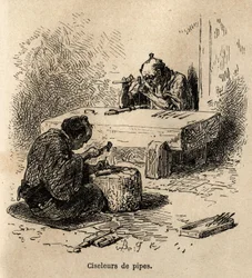 Zwei Arbeiter, jeder mit einem Hammer und einem Stempel, gravieren Metallrohre in ihrer Werkstatt. Gravur zur Illustration der Reise nach Japan, von Aime Humbert, Minister der Schweizerischen Eidgenossenschaft, 1863-1864, veröffentlicht in „Le tour du mond