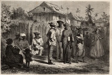 Typen von Eingeborenen aus Cayenne (Französisch-Guayana), Frauen gekleidet in Sapling (geknotetes Kleid) aus Madras und mit bunten Turbanen, die Männer haben das westliche Kostüm übernommen. Gravur zur Illustration der Reise nach Französisch-Guayana in den