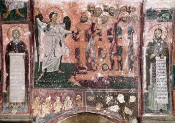 Ungerechte Könige werden von einem Engel eingeladen, in die Unterwelt einzutreten 13. Jahrhundert Orthodoxes Kloster von Milesevo, Serbien