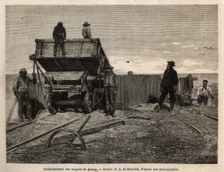 Entladen von Guano-Wagen auf den Chincha-Inseln (Pazifischer Ozean, nahe der südwestlichen Küste Perus), deren Hauptinteresse die Ausbeutung von Guano-Ablagerungen war (als Dünger verwendet), Ablagerungen auf Granitklippen, die als Zuflucht für eine Vielza