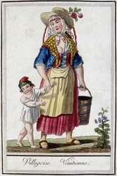 Venezianisches Dorf mit ihrem Sohn. Gravur aus dem 18. Jahrhundert