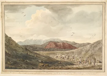Blick auf einen Berg, in der Nähe von Hekla mit Blick auf eine reisende Karawane