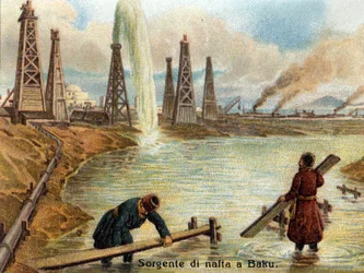 Ansicht der Ölquellen in Baku, Aserbaidschan. Chromolithographie um 1890