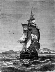 Ansicht der österreichischen Fregatte Novara vor der Insel St. Paul im Indischen Ozean im Jahr 1857. Gravur aus dem 19. Jahrhundert
