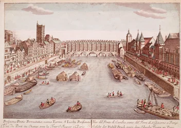 Ansicht der Pont-au-Change in Richtung Saint-Jacques-Turm, Paris (Gravur)