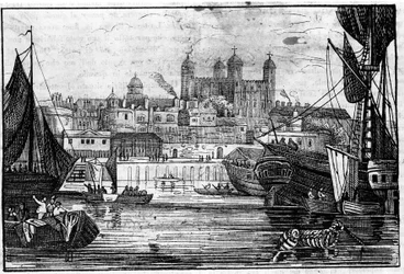 Ansicht des Tower of London und der Themse Ende des 18. Jahrhunderts Gravur