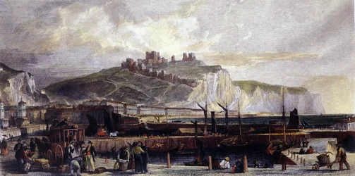 Ansicht der Stadt Dover und ihrer hohen weißen Kreidefelsen in England. 1850.