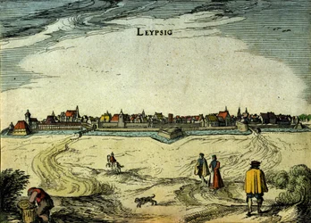 Ansicht der Stadt Leipzig in Deutschland. Gravur des 18. Jahrhunderts