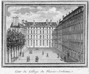Ansicht des Hofes des Collège de Plessis Sorbonne (Paris), gegründet 1323 von Geoffroy du Plessis Balisson, genutzt 1848 und 1849 von der ENA. Gravur im Musée Carnavalet aufbewahrt
