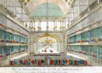 Ansicht des berühmten Theaters der Stadt Neapel in Italien. Gravur aus dem späten 18. Jahrhundert.