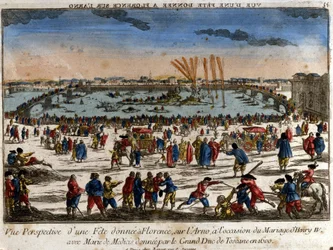 Ansicht des Festes, das in Florenz am Ufer des Arno von Großherzog der Toskana anlässlich der Hochzeit von Heinrich IV. mit Maria von Medici im Jahr 1600 gegeben wurde. Gravur