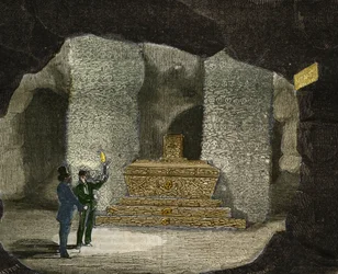Ansicht des Beinhauses der Katakomben von Montsouris in Paris. Gravur von 1856 in „Le Musee Des Sciences“