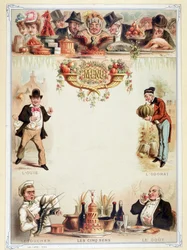 Jungfrau-Menü, illustriert die fünf Sinne - Chromolithografie, Ende des 19. Jahrhunderts