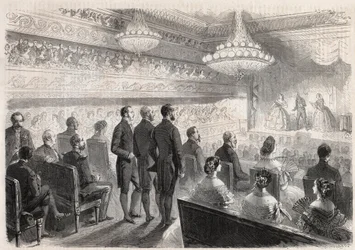 Besuch von Wilhelm I. von Preußen in Compiègne: Galavorstellung im Palasttheater in Anwesenheit von Napoleon III. - Gravur in „The Illustrous World“