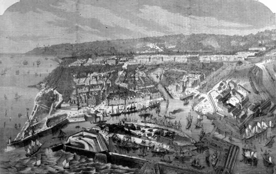 Ansicht des Hafens von Le Havre. 1868. Gravur aus dem 19. Jahrhundert.