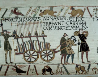 Waffen und Wein werden während der Versorgung für die Eroberung Englands auf die Schiffe gebracht (Detail)