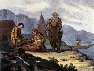 Westgrönland Küsten-Eskimos. Frühe 19. Jahrhundert Lithografie