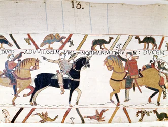 Wilhelm I. der Eroberer (1027 - 1087) trifft Harold II. (1022 - 1066), König von England, nachdem er ihn befreit hat. Bayeux-Tapete, bekannt als Stickerei der Königin Mathilde.