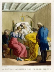 „Tränen einer Frau, Brunnen der Bosheit. Sieh eine Frau weinen.“ Gravur des 18. Jahrhunderts, die eine Reihe von Sprichwörtern illustriert.