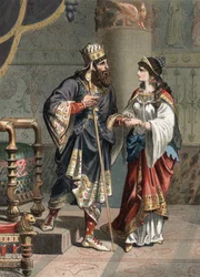 Xerxes I., achämenidischer König von Persien (519-465 v. Chr.), mit seiner Frau Amestris. Stich von 1881 in „El Culto de la Hermosura“ von Juan Justo Huguet, herausgegeben von Molinas Hermanos