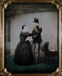 Kolorierte Fotografie eines Offiziers und seiner Frau aus dem Jahr 1850.