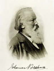 Porträt von Johannes Brahms (1833 - 1897), deutscher Komponist auf einem Autographenfoto