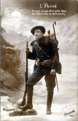 Erster Weltkrieg Postkarte, Alpenjäger. „Glaubt, was der kleine Alpensoldat sagt, der Militarismus wird ein Ende finden.“