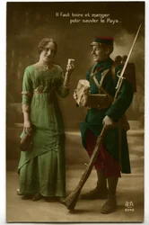 Krieg 1914 - 1918: Zeitgenössische Postkarte zeigt einen französischen Soldaten in blauer Uniform, der das Brot und den Wein von einer jungen Frau entgegennimmt: Trinken und essen, um das Land zu retten