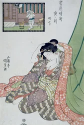 Stunde des Drachen, fünfte bis siebte Stunde des Morgens, ca. 1818, Ukiyo-e Kunstdruck von Utagawa Kunisada aus Die zwölf Stunden in Yoshiwara, Oban-tate-e Holzschnitt