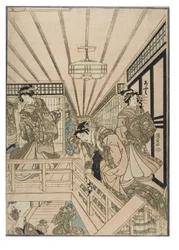 Szene aus dem Shin Yoshiwara (Triptychon). Bordellinterieur im Yoshiwara-Viertel mit Kurtisanen und Kunden, um 1830-1843