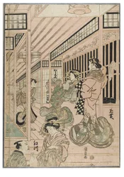 Szene aus dem Shin Yoshiwara (Triptychon). Bordellinterieur im Yoshiwara-Viertel mit Kurtisanen und Kunden