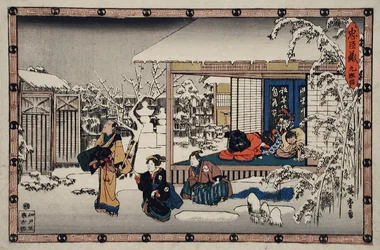Akt IX: Honzōs Suizid vor seiner Familie; als Komusō gekleideter Yuranosuke trifft Vorbereitungen für den Angriff auf Moronao