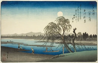 Herbstmond über dem Tama-Fluss (Tamagawa no shugetsu), aus der Serie "Acht Ansichten in der Umgebung von Edo (Edo kinko hakkei no uchi)"