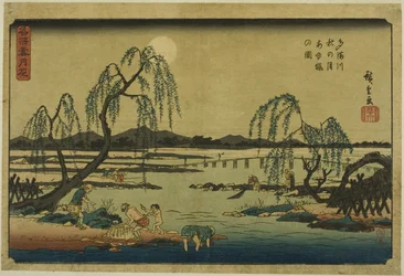 Fangen von Süßwasserfischen im Tama-Fluss unter dem Herbstmond (Tamagawa aki no tsuki ayuryo no zu), aus der Serie "Schnee, Mond und Blumen an berühmten Orten (Meisho setsugekka)"