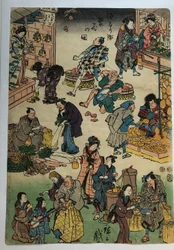 Charaktere aus Stücken als Händler und Kunden, aus der Serie Der wohlhabende Jōruri Bezirk