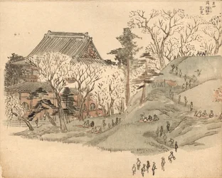 Kirschblütenbetrachtung am Tempel auf dem Berg Suribachi nach einem Entwurf in Band 5 des Bilderbuchs der Souvenirs von Edo (Ehon Edo miyage)
