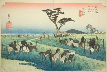 Chiryu: Frühsommer-Pferdemarkt (Chiryu, shuka uma ichi), aus der Serie "Dreiundfünfzig Stationen des Tokaido (Tokaido gojusan tsugi no uchi)," auch bekannt als Hoeido Tokaido