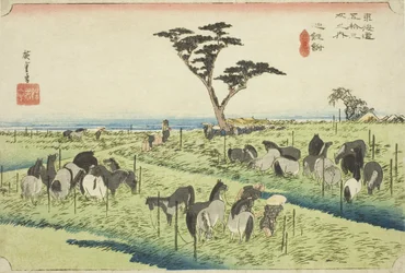 Chiryu: Frühsommer-Pferdemarkt (Chiryu, shuka uma ichi), aus der Serie "Fifty-three Stations of the Tokaido (Tokaido gojusan tsugi no uchi)," auch bekannt als Hoeido Tokaido