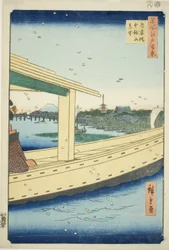 Fernsicht auf die Azuma-Brücke und den Kinryuzan-Tempel, aus der Serie "Hundert berühmte Ansichten von Edo"