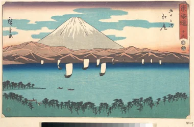 Ejiri, Nummer 19 aus der Serie „Dreiundfünfzig Stationen der Tōkaidō-Straße“ (Tōkaidō gojūsan tsugi), auch bekannt als „Tōkaidō in Kanzleischrift“ (Reisho Tōkaidō)
