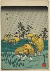 Ejiri, aus der Serie "Dreiundfünfzig Stationen [des Tokaido] (Gojusan tsugi)," auch bekannt als die Figuren-Tokaido (Jinbutsu Tokaido)