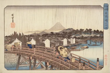 Abendregen an der Nihonbashi-Brücke, aus Berühmte Orte der östlichen Hauptstadt, ca. 1832