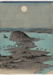 Abendansicht der acht berühmten Orte in der Nähe von Kanazawa bei Vollmond in der Provinz Musashi