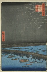 Feuerwerk in Ryogoku (Ryogoku hanabi), aus der Serie "Hundert berühmte Ansichten von Edo (Meisho Edo hyakkei)"
