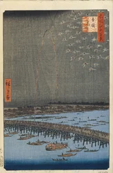 Feuerwerk bei der Ryogoku-Brücke, Einhundert berühmte Ansichten von Edo, 1856-1858