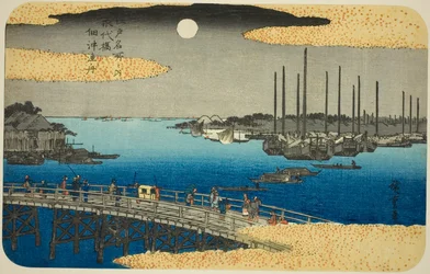 Fischerboote in der Nähe der Eitai-Brücke in der Tsukuda-Bucht (Eitaibashi Tsukuda oki isaribune), aus der Serie "Berühmte Orte in Edo (Edo meisho no uchi)"