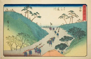 Fujikawa—Nr. 38, aus der Serie "Dreiundfünfzig Stationen des Tokaido (Tokaido gojusan tsugi)", auch bekannt als der Reisho Tokaido